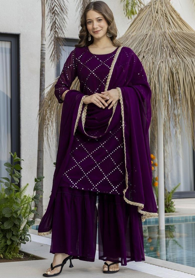 Purple Printed Georgette Kurta Set - Indya