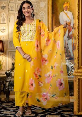 Yellow Embroidered Viscose Kurta Set