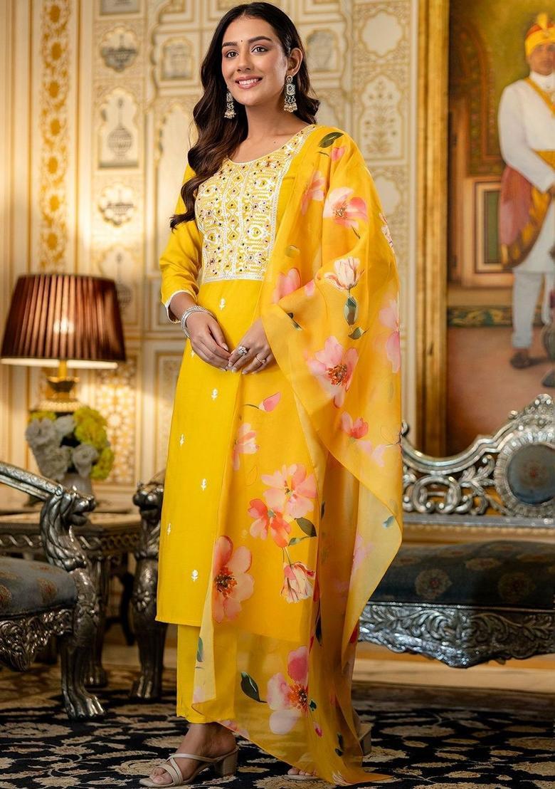 Yellow Embroidered Viscose Kurta Set - Indya