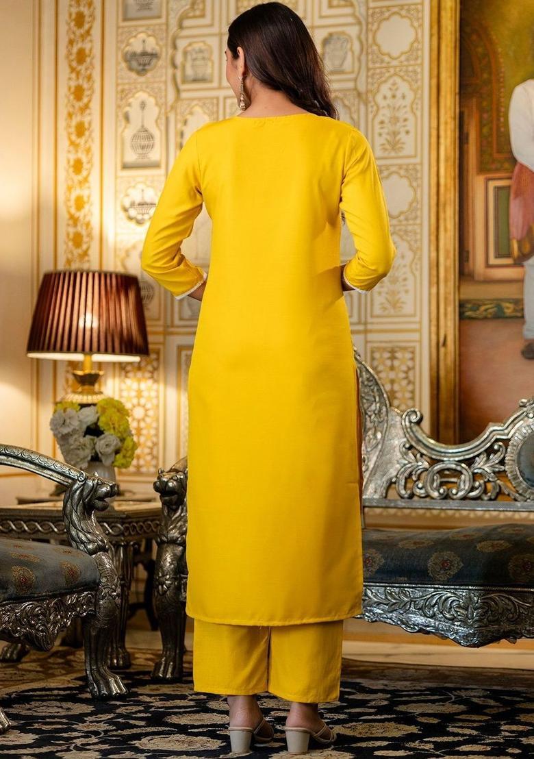 Yellow Embroidered Viscose Kurta Set - Indya