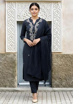 Navy Blue Embroidered Viscose Kurta Set