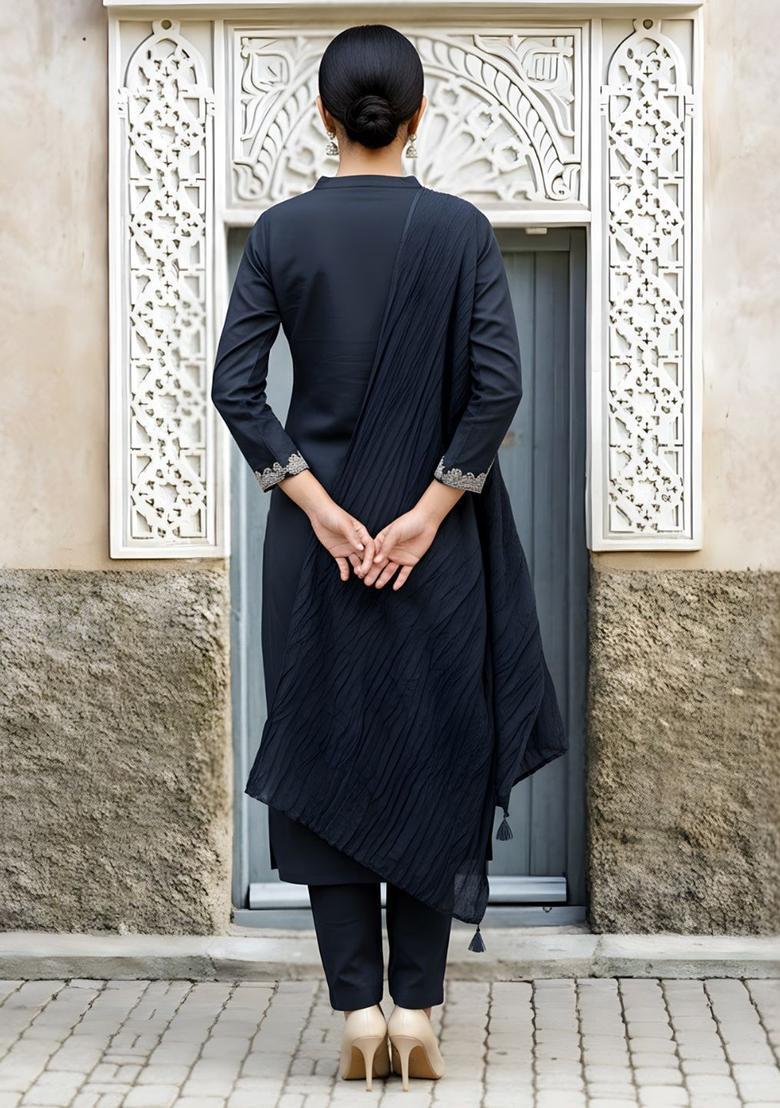 Navy Blue Embroidered Viscose Kurta Set - Indya