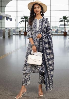 Navy Blue Printed Cotton Kurta Set