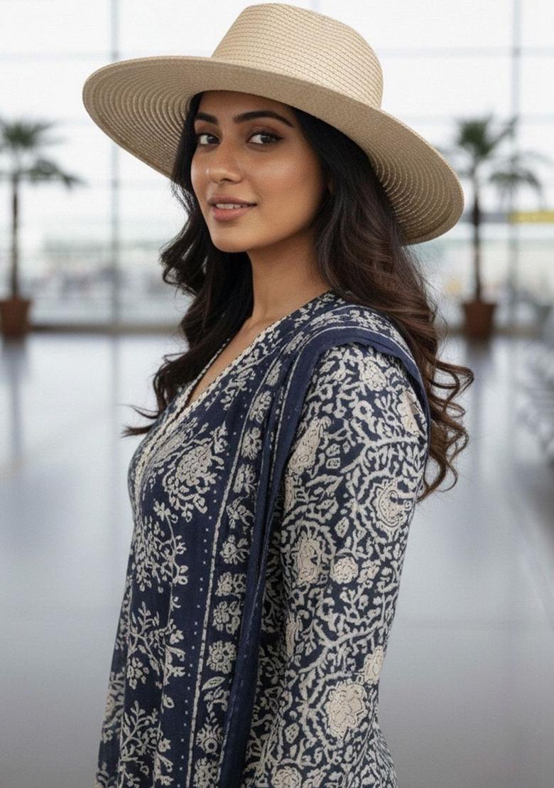 Navy Blue Printed Cotton Kurta Set - Indya