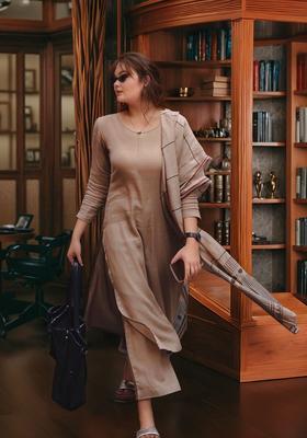 Beige Solid Viscose Kurta Set