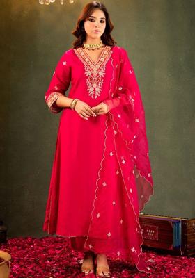 Red Embroidered Viscose Kurta Set