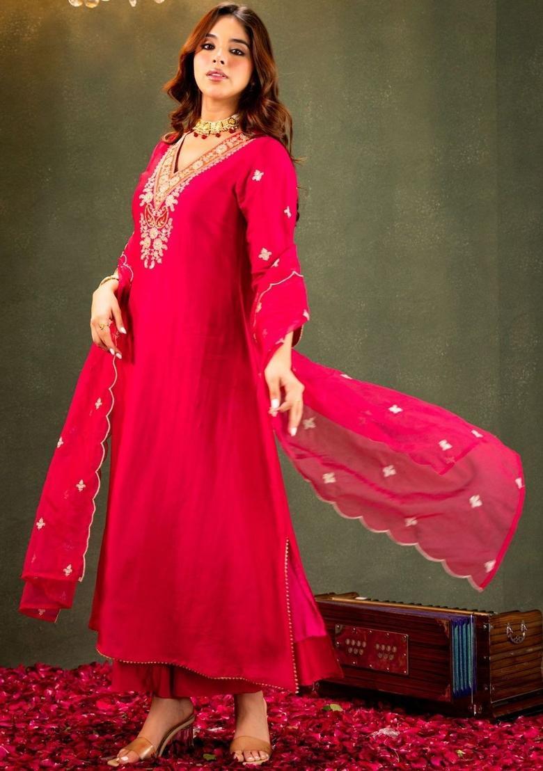 Red Embroidered Viscose Kurta Set - Indya