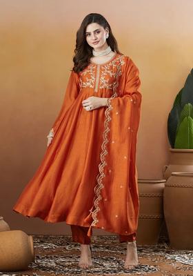 Orange Embroidered Silk Kurta Set
