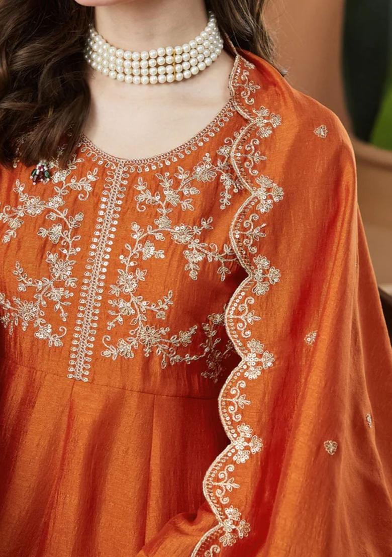 Orange Embroidered Silk Kurta Set - Indya