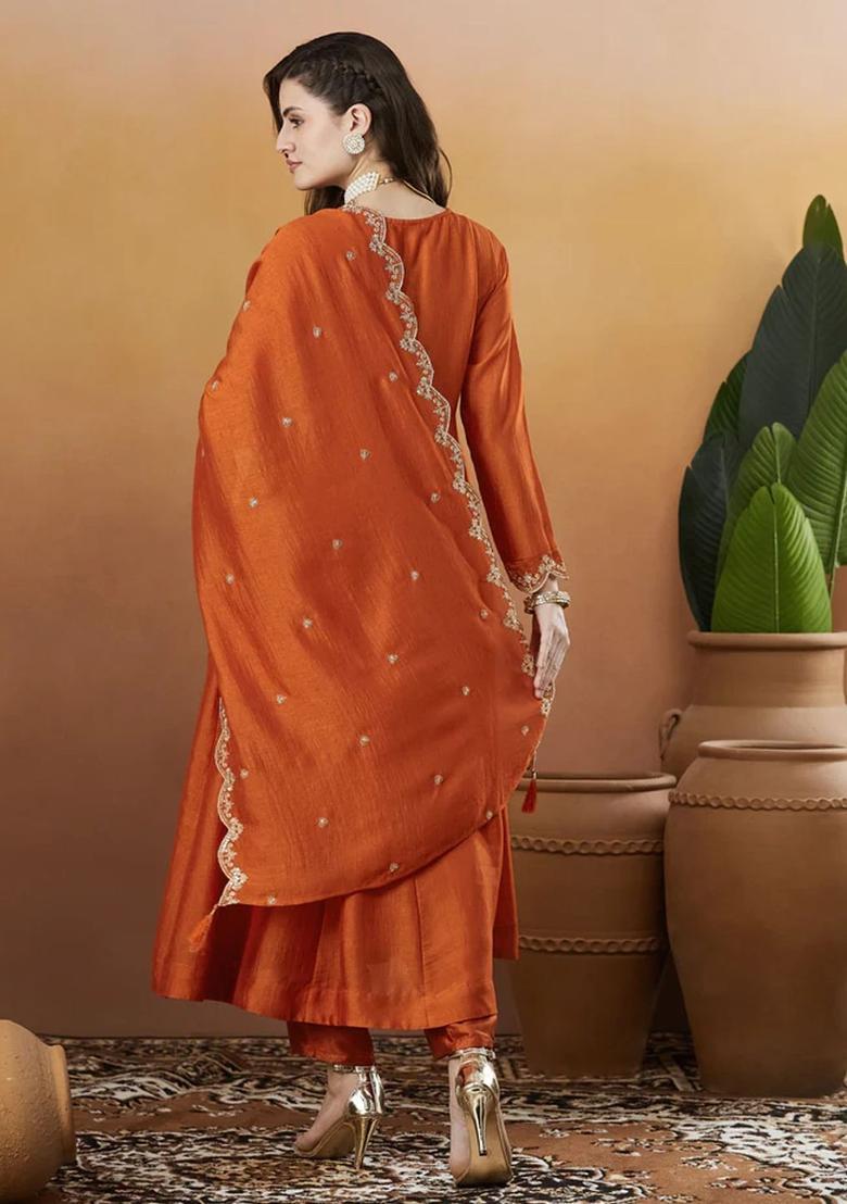 Orange Embroidered Silk Kurta Set - Indya
