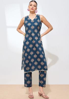 Navy Blue Printed Cotton Kurta Set