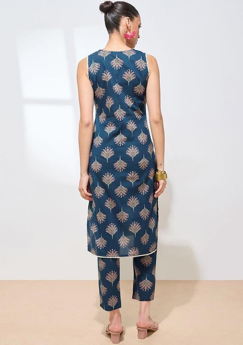 Navy Blue Printed Cotton Kurta Set - Indya