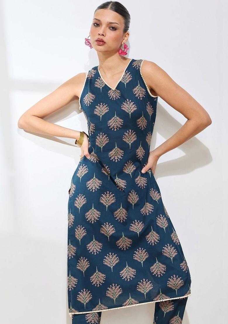 Navy Blue Printed Cotton Kurta Set - Indya