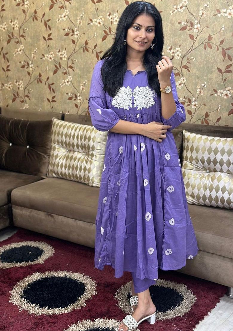 Purple Embroidered Viscose Kurta Set - Indya