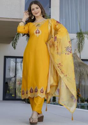 Yellow Embroidered Silk Kurta Set