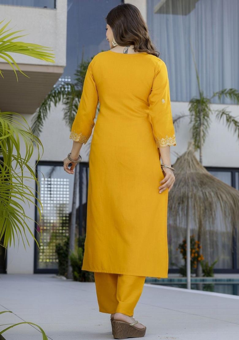 Yellow Embroidered Silk Kurta Set - Indya