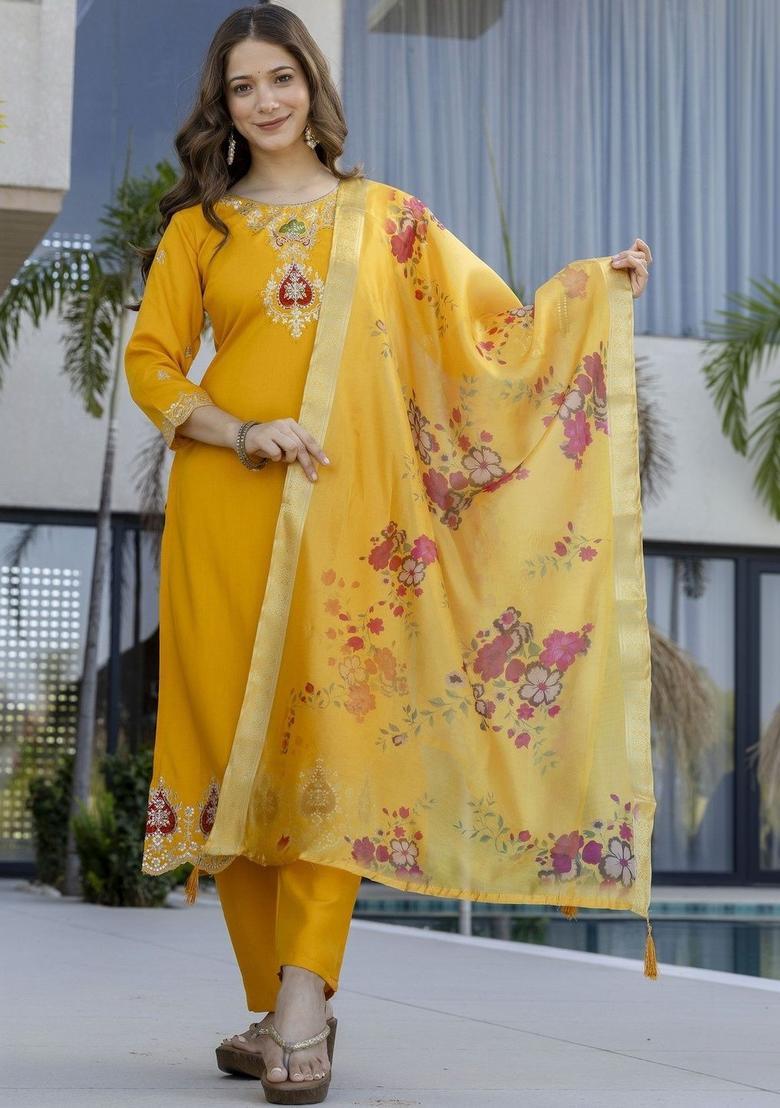 Yellow Embroidered Silk Kurta Set - Indya