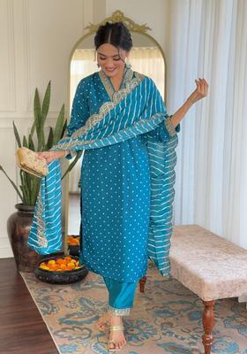 Turquoise Blue Embroidered Silk Blend Kurta Set