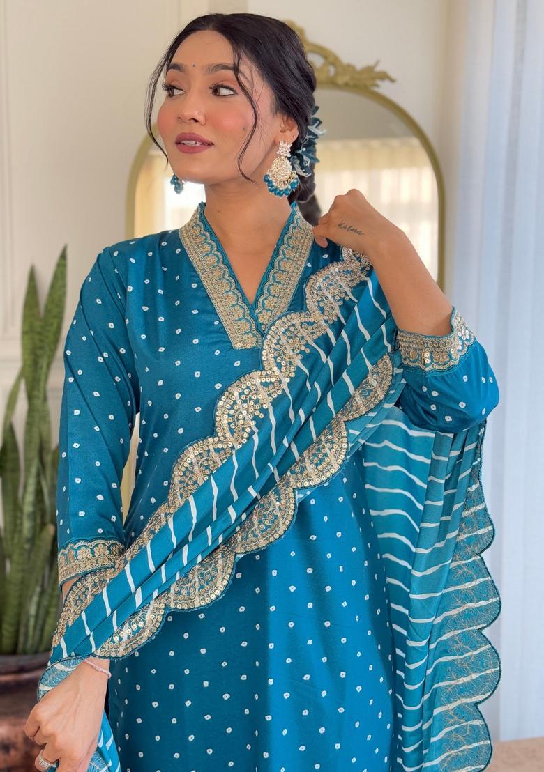 Turquoise Blue Embroidered Silk Kurta Set - Indya