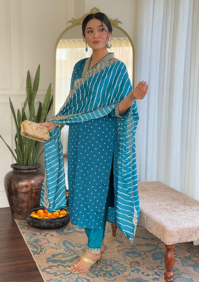 Turquoise Blue Embroidered Silk Kurta Set - Indya