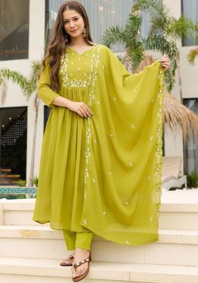 Lime Green Embroidered Silk Kurta Set