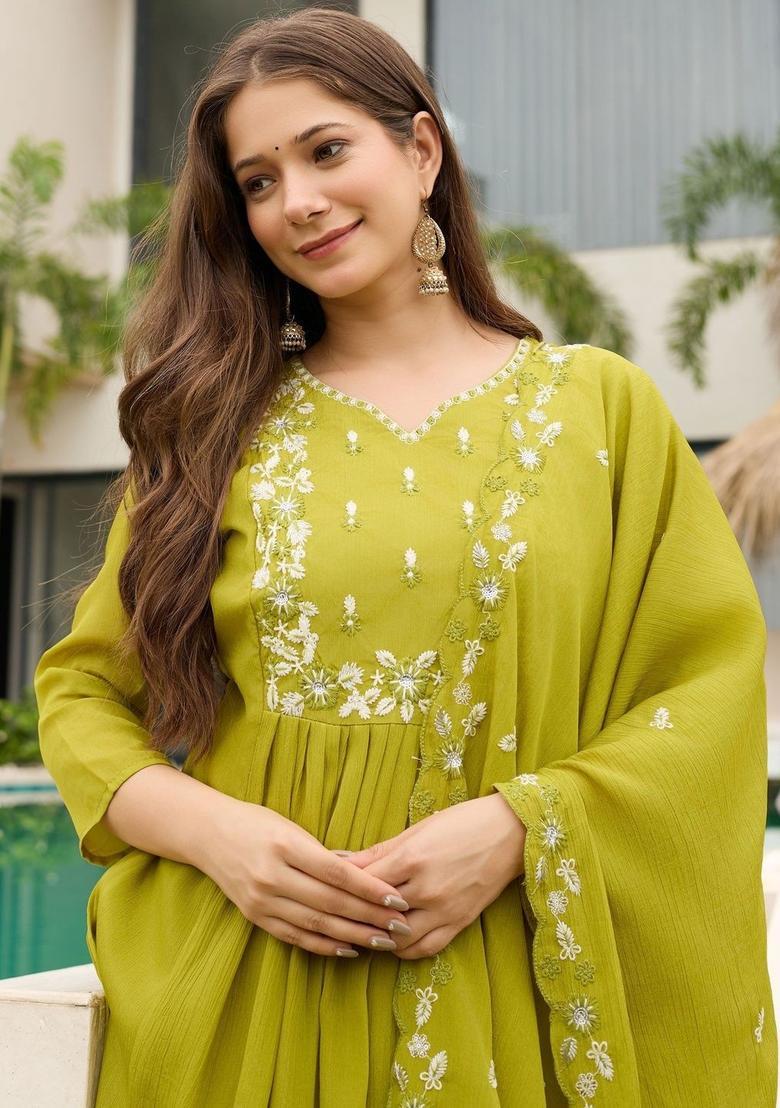 Lime Green Embroidered Silk Kurta Set - Indya