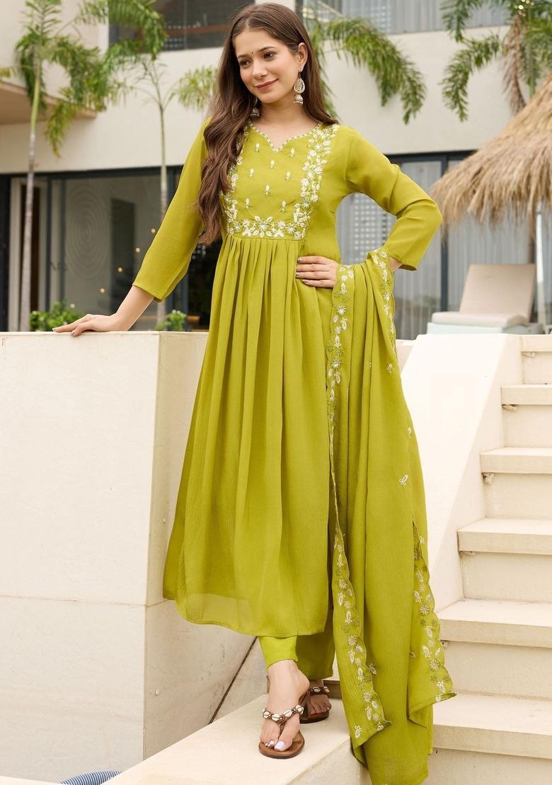 Lime Green Embroidered Silk Kurta Set - Indya