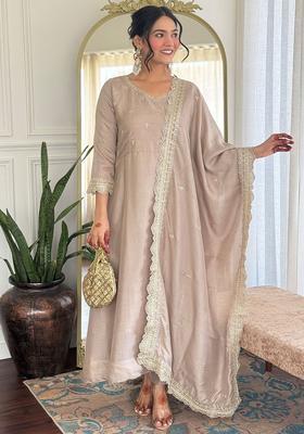 Cream Yoke Design Silk Kurta Set