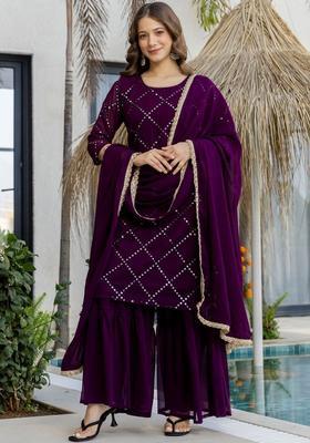 Purple Embroidered Georgette Kurta Set