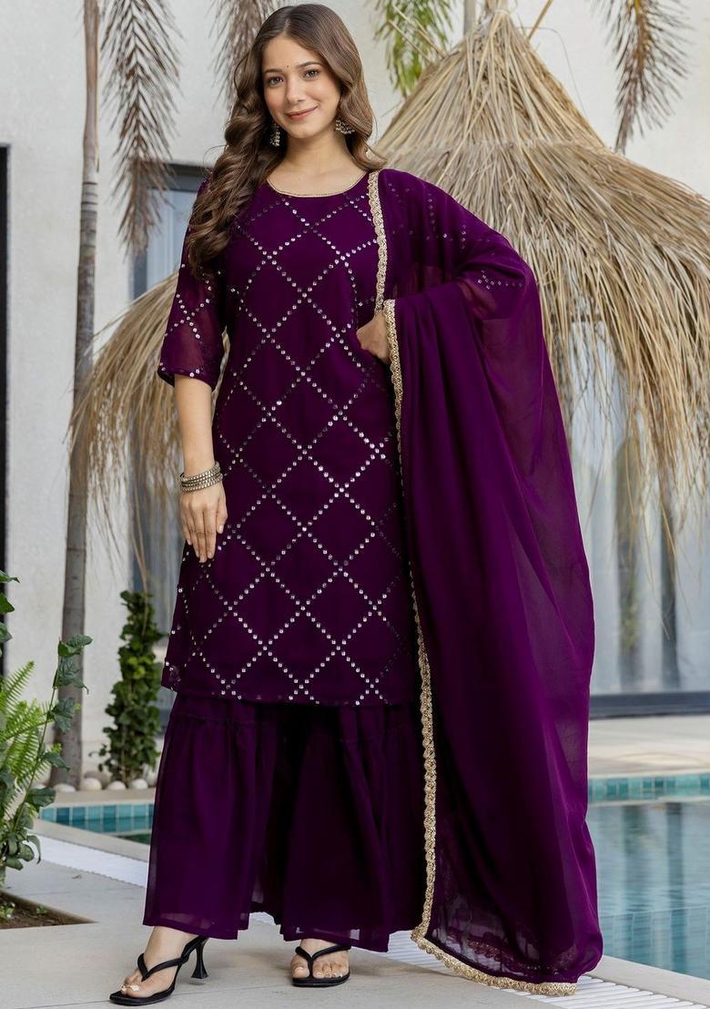 Purple Embroidered Georgette Kurta Set - Indya