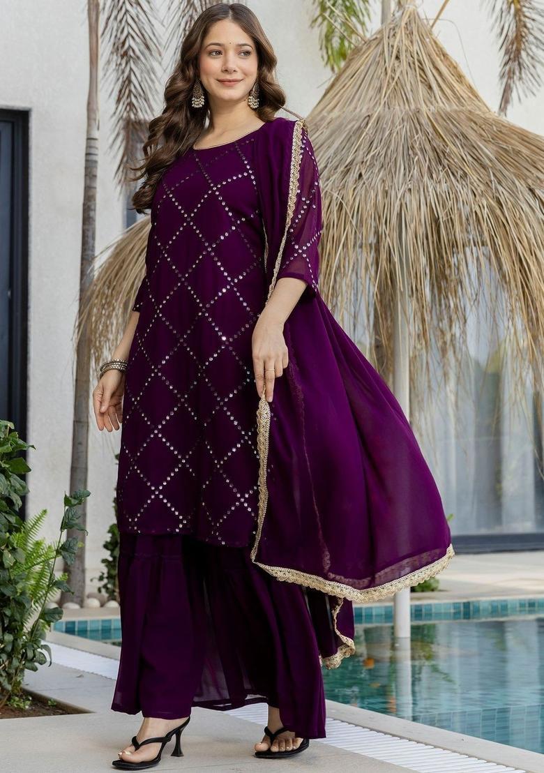 Purple Embroidered Georgette Kurta Set - Indya
