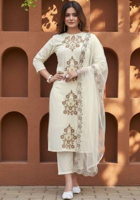 Off White Embroidered Viscose Kurta Set