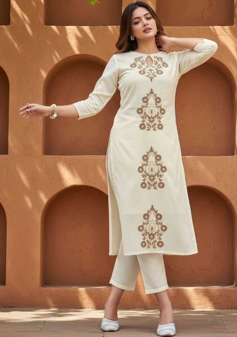 Off White Embroidered Viscose Kurta Set - Indya