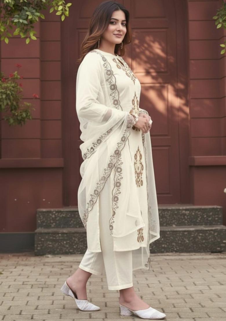 Off White Embroidered Viscose Kurta Set - Indya