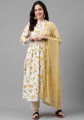 Yellow Printed Cotton Anarkali Set