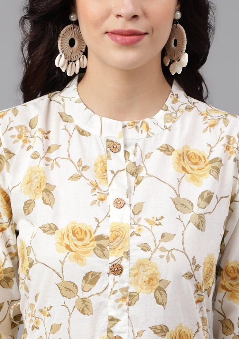 Yellow Printed Cotton Anarkali Set - Indya