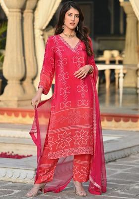 Red Printed Chinon Kurta Set