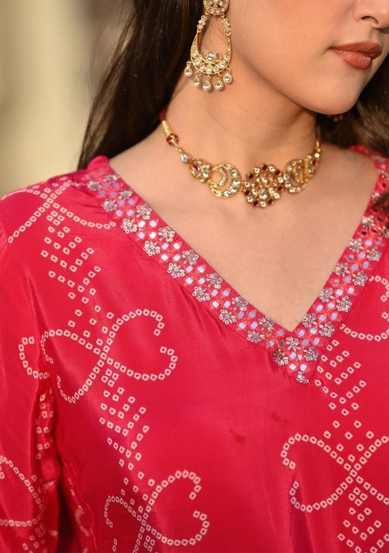 Red Printed Chinon Kurta Set - Indya