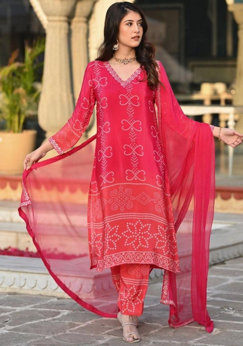 Red Printed Chinon Kurta Set - Indya