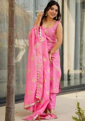 Pink Printed Silk Kurta Set