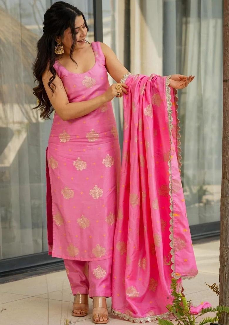 Pink Printed Silk Kurta Set - Indya