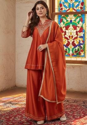 Red Embroidered Silk Kurta Set