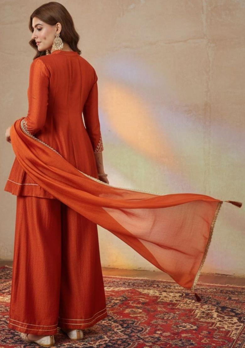 Red Embroidered Silk Kurta Set - Indya