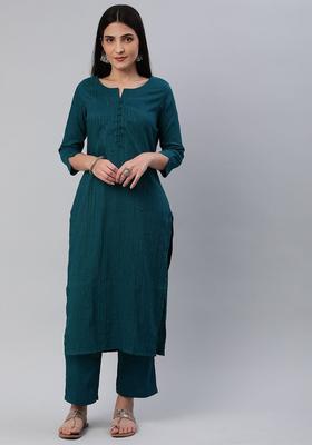 Teal Self Design Cotton Kurta Set
