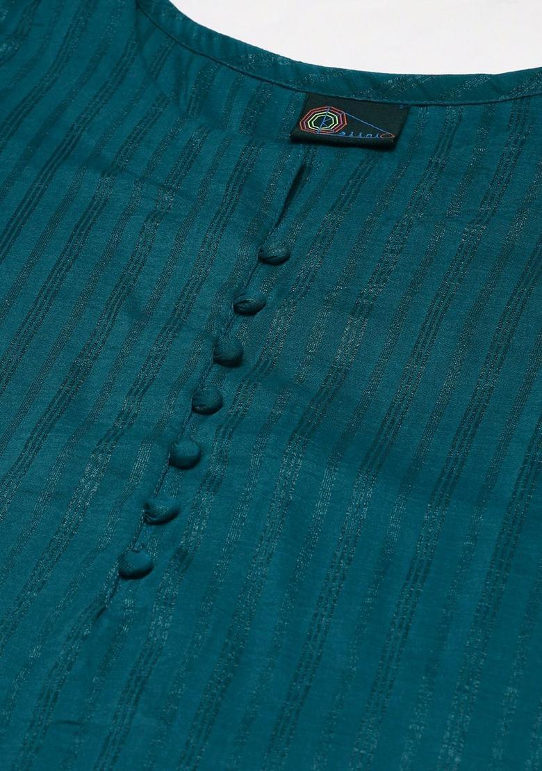 Teal Self Design Cotton Kurta Set - Indya