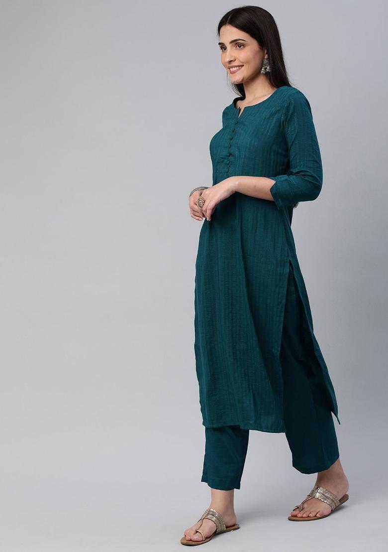 Teal Self Design Cotton Kurta Set - Indya