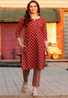 Red Printed Cotton Kurta Set