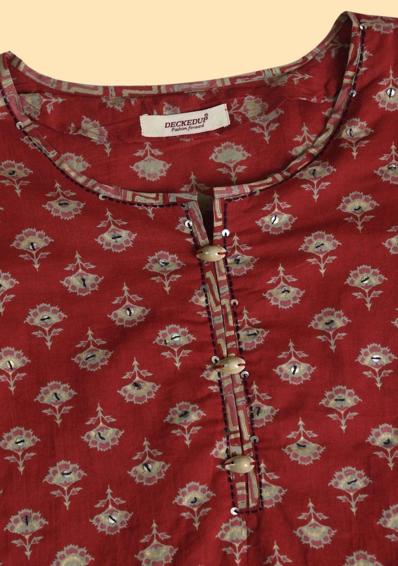 Red Printed Cotton Kurta Set - Indya