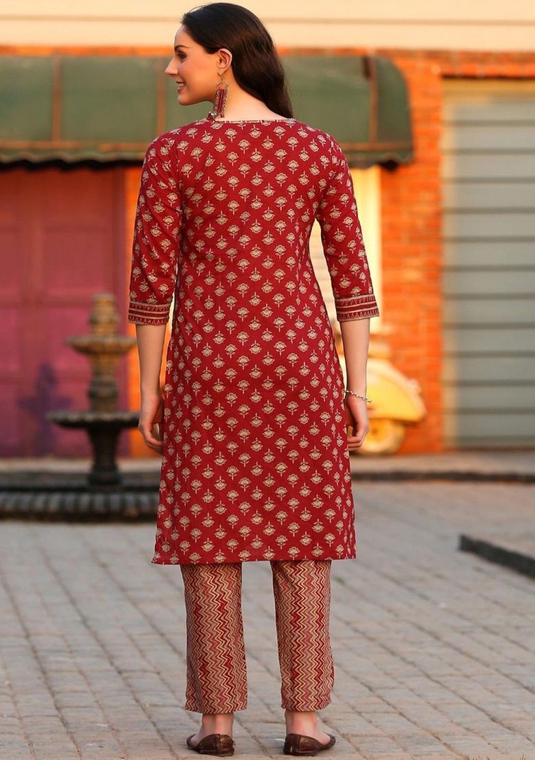 Red Printed Cotton Kurta Set - Indya