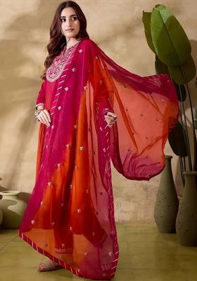 Red Embroidered Viscose Kurta Set